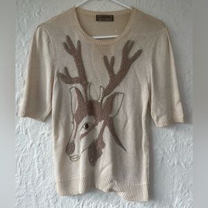 Vintage Ann Margret Tan Reindeer Holiday Lightweight Short Sleeve Sweater M